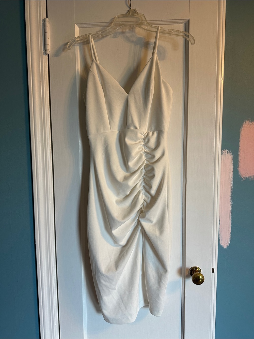 Emerald Sundae Cream Ruched Spaghetti Strap Midi Dress